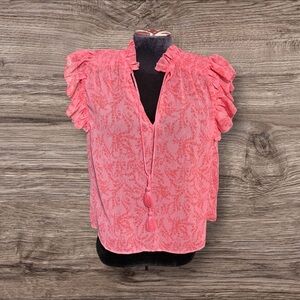 Olivaceous Ruffled Sheer Floral Smocked Cap Sleeve Blouse Top Size Small Pink